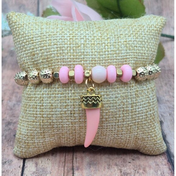 Lot of 2 Artisan Made Gold Tone & Pink Beaded Stretch Bracelet Shark Tooth Charm - Picture 4 of 9